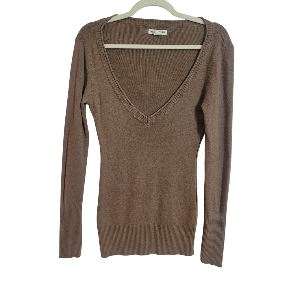 Aeropostale Womens Y2K Brown Deep V-Neck Long Sleeve Sweater Preppy Size‎ Medium